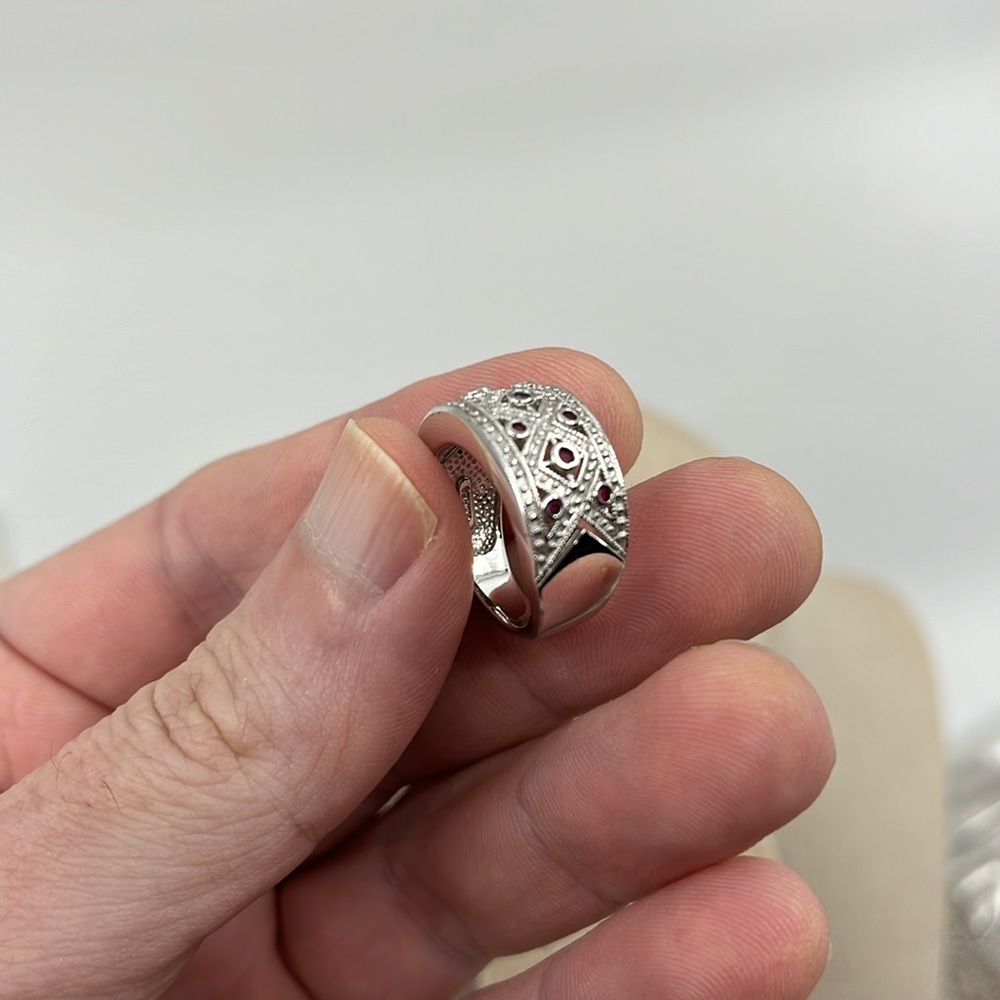 Vintage HJS 925 Sterling Silver Filigree Garnet Ruby Band Ring Size 5 Korea - Picture 15 of 15